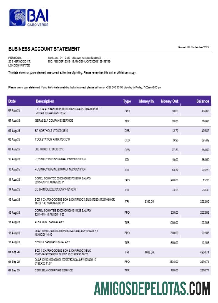 Banco Africano De Investimentos Business Bank Statement Word And PDF Format amostra